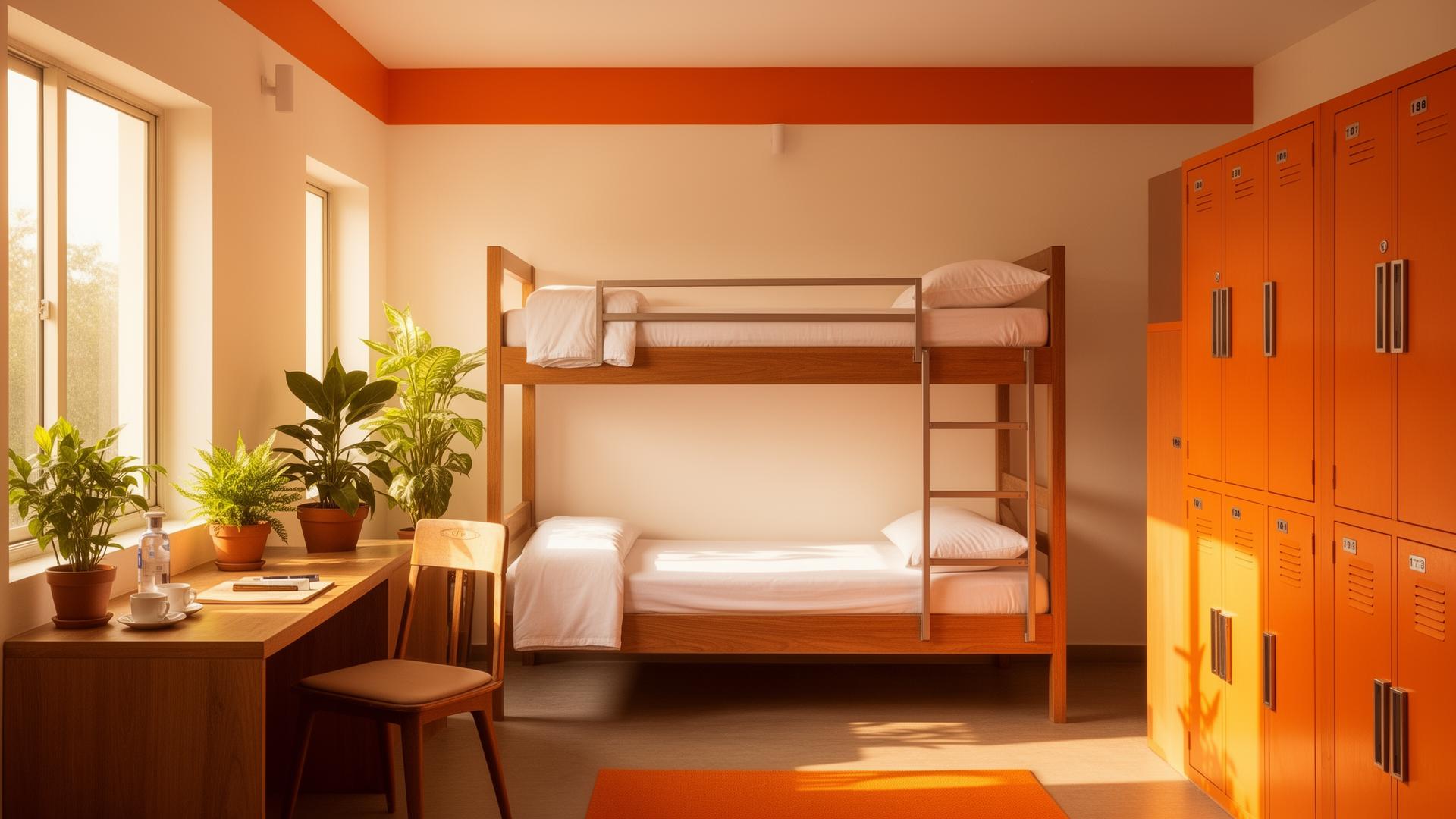 Clean, bright shared accommodation room with bunk beds